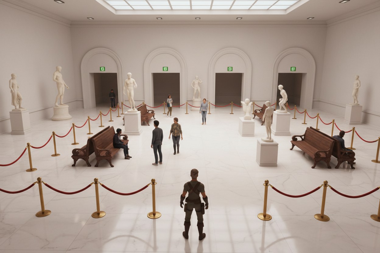 A bright museum gallery with marble statues, red velvet ropes, wooden benches and four arched exits